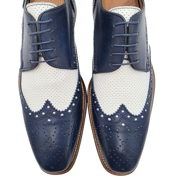 Paul Fredrick Navy Blue White Leather Wingtip Derby Oxfords Mens 8 Dress Shoes - Picture 10 of 10